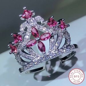 925 sterling silver zircon big crown ring for ladies ruby crown